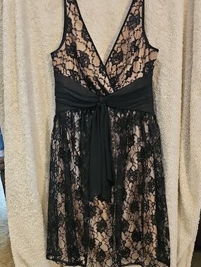 London Times Black Lace with Nude Lining Cocktail Dress